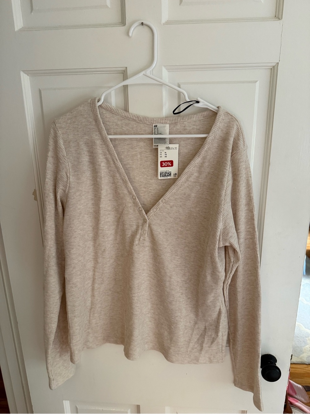 H&M Light Beige Ribbed V-Neck Long Sleeve Top
